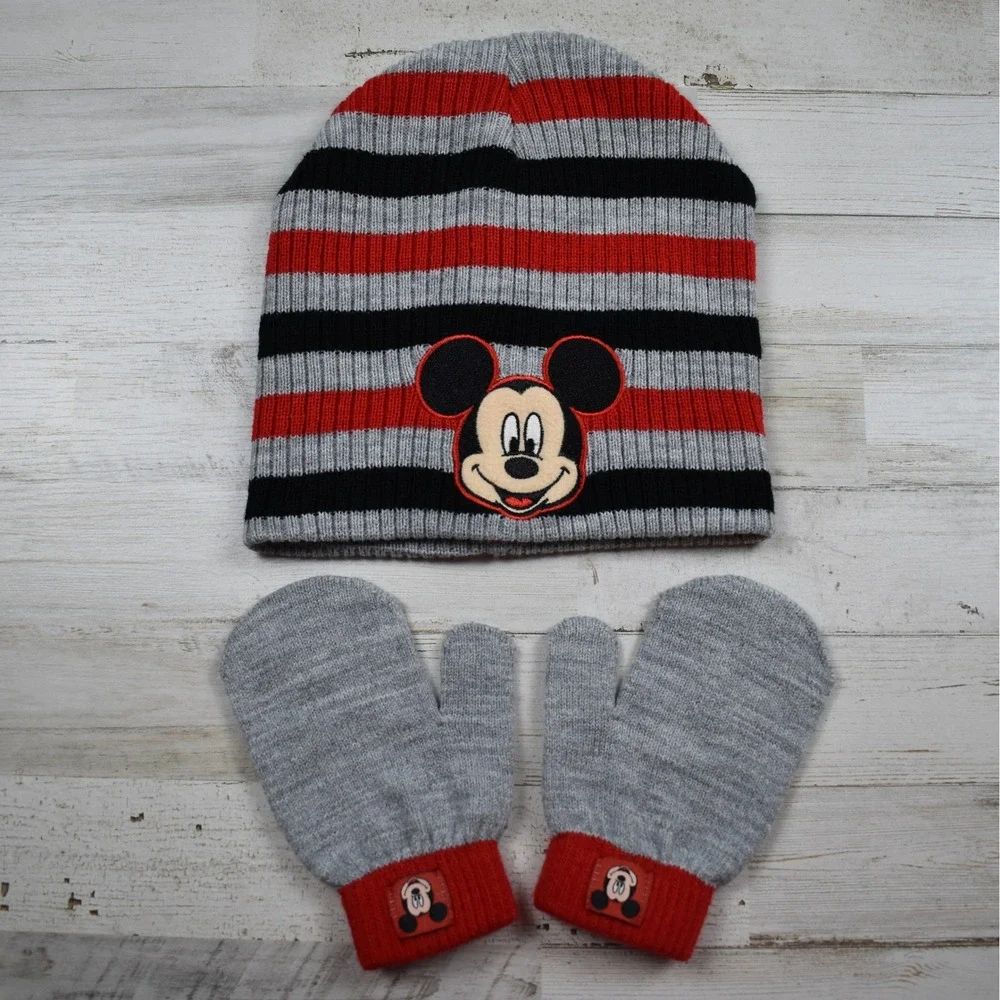 Disney Mickey Mouse Beanie & Mittens Set Boys 2T-5T Gray Red Striped Cozy Winter